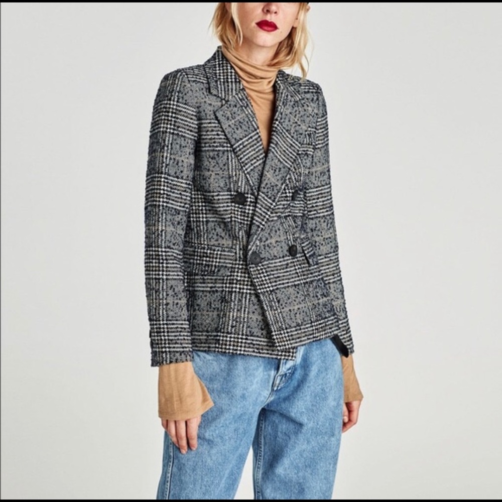 Zara Black and Cream Plaid Double-Breasted Blazer